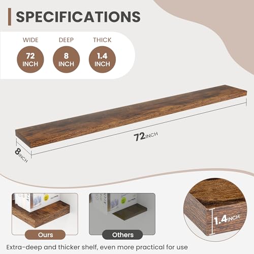 Acovy 72 Inch Floating Shelves, 8 Inch Deep Floating Shelves for Wall, Hanging Shelf with Invisible Brackets, Deep Shelves for Bathroom, Bedroom, Living Room, Brown, Set of 2 - color: Brown, size: 8"Wx72"L-2pcs