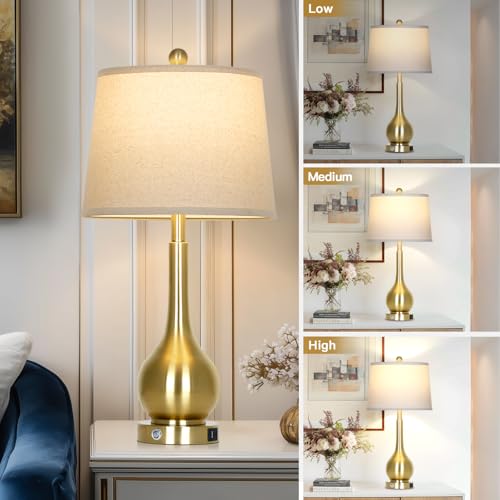 26" Gold Table Lamp for Living Room Single, Touch Control Bedroom Lamps for Nightstand, 3-Way Dimmable Bedside Lamp with USB A+C Port (1 Pack) - color: Gold - 26"H - 1 Pack