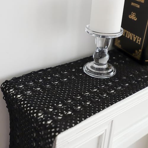 Simple&Opulence Boho Macrame 100% Cotton Table Runner - 12 x 72 Inch, Woven Farmhouse Table Runner with Tassels for Bohemian Rustic Wedding, Bridal Shower, Dinner (Black) - size: 12"x72", style: Cotton / Black