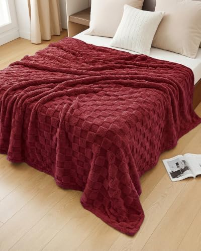Utopia Bedding Plush Checkered Fleece Blanket Burgundy Queen, 90x90 Inch - color: Burgundy, size: Queen