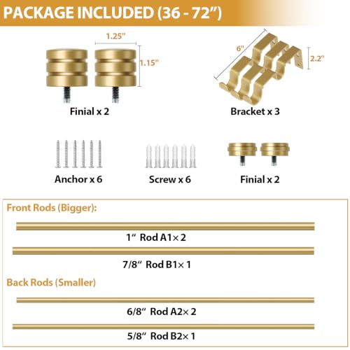 TONIAL 1 Inch Double Curtain Rods for Windows, 36 to 72 Inch, Gold - color: Gold, size: 36-72"