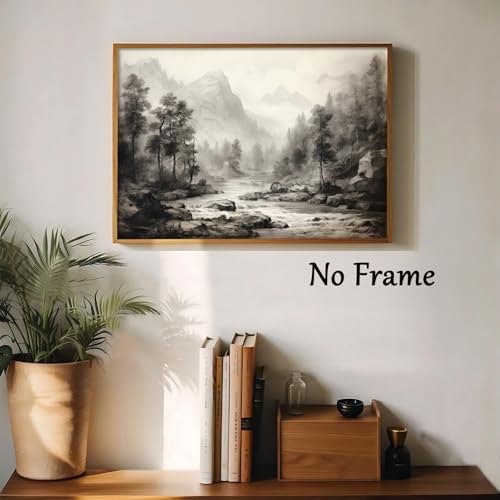 Black And White Landscape Canvas Wall Art Vintage Forest Pictures Mountain Lake Print Forest Landscape Poster Abstract Mountain Painting Forests Sketch Wall Art Nature Scenery Artwork 16x24in No Frame