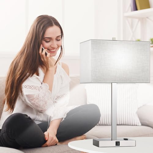 Lynnoland 21" Set of 2 Table lamp with USB A+C & AC Outlets, Touch Control 3-Way Dimmable Nightstand Lamps for Bedroom Living Room Office Reading, Gray Shade Touch Lamps, 5000K LED Bulbs Included - color: Gray Linen & Brushed Nickel