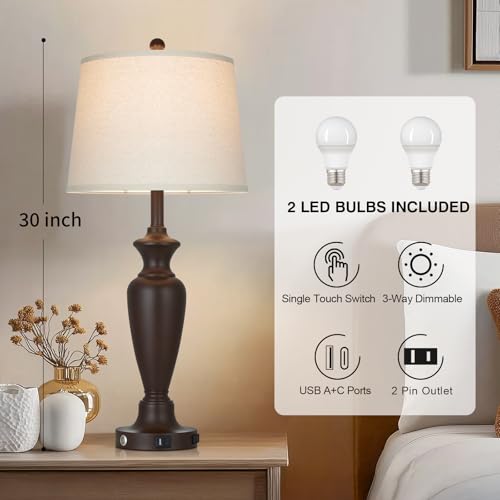 30" Tall Brown Table Lamps Set of 2 for Living Room, Touch Control Bedside Lamps for Bedroom Nightstand, 3-Way Dimmable Farmhouse Lamps with Charging Ports (2 LED Bulbs Included) - color: Brown - 30"H