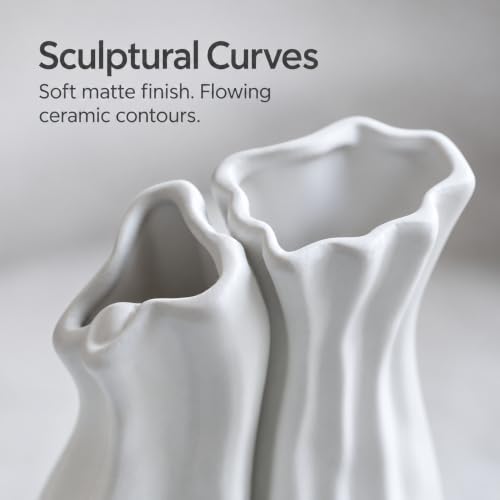 White Tall Ceramic Vase Set of 2, Sculptural Mountain Decor, Matte Finish - color: Cool White