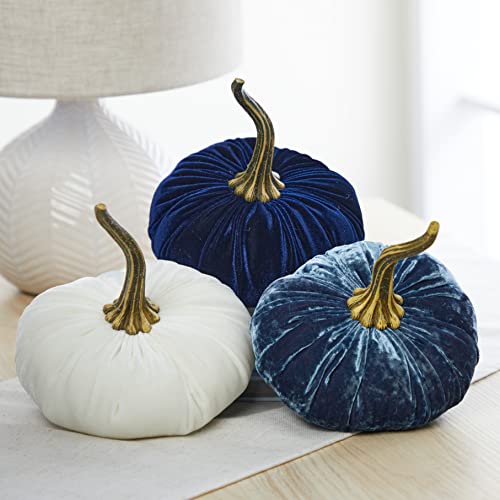 Set of 3 Velvet 6.25 Inch Pumpkins, blue pumpkins, gift set, hygge home, autumn tablescape, bowl filler for kitchen decor, bedroom decor, fall indoor decor (Luxe Indigo, Navy, Ivory) - color: Indigo, Navy, Ivory