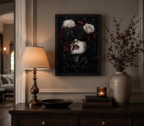 Framed Halloween Horror Gothic Flower Wall Art,Dark Moody Rose Painting Picture Wall Decor,Dark Academia Rose and Portrait Poster Print Artwork,for Halloween Decor Bedroom Bathroom Home Decoration - color: Veil of Roses, size: 16"L x 12"W