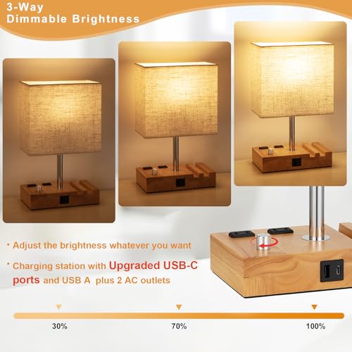 Wood Grain Table Lamp for Bedroom, Stepless Dimmable, USB C+A, 2 AC Outlets - color: Wood Grain with Knob Switch, size: 1 Pack