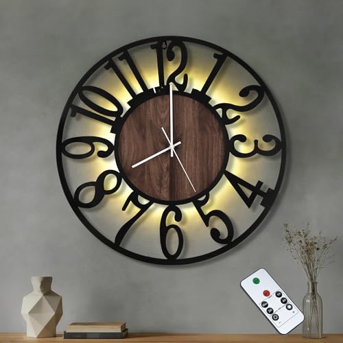 24" Silent Wall Clock – Adjustable Night Light, Battery Operated - color: Black Walnut - Arabic Numerals, size: 24 inch(60 cm)