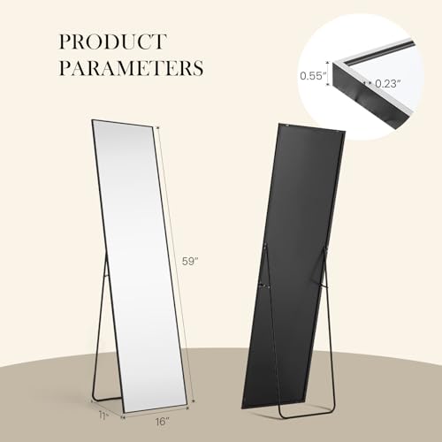 NEWBULIG Mirror Full Length, 16"x59" Body Wall Mirrors with Shatter-Proof Glass, Upgraded Floor Standing Mirror, Hanging or Leaning, with Stand Aluminum Alloy Frame for Home Decor, Bedroom, Black - color: Black-rect, size: 59"L x 16"W