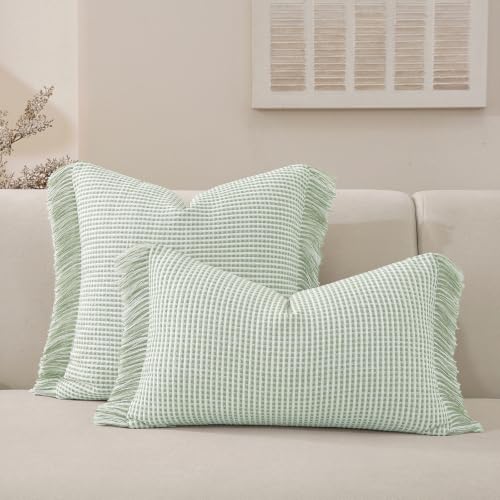 Boho Throw Pillow Covers Set of 2 Handmade Soft Striped Fringe Pillow Cover Farmhouse Cushion Covers with Elegant Tassel Decorative Pillowcase for Sofa Bed (Soft Mint Green, 20" x 12" (Pack of 2)) - color: Soft Mint Green, size: 20" x 12" (Pack of 2)