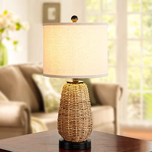 CINSARY Touch Control Rattan Table Lamps, 3 Way Dimmable Bedside Lamps for Bedroom Set of 2 with 2 USB Ports and AC Outlet, Nightstand Lamps for Living Room (LED Bulbs Included), Grass - color: Grass