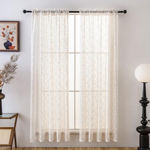 PearAge Lace Sheer Curtains for Living Room, 63 Inch Length, Elegant Lace-Style Voile Drapes for Bedroom, Kitchen or Dining Room, 42W x 63L Inch, 2 Panels Beige - color: Beige