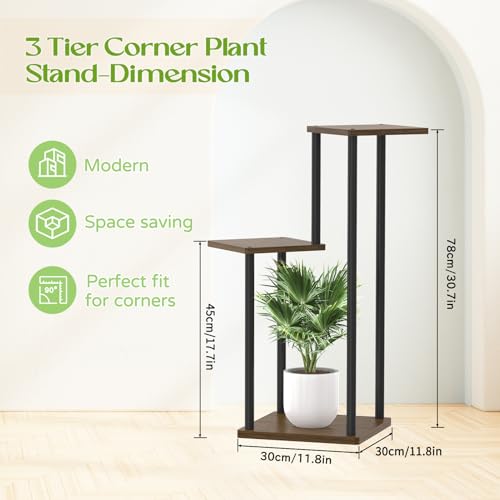 3 Tier Plant Stand Indoor Outdoor,Oppro Wood Metal Corner Flower Shelf | Planter Pot Holder Clearance, Multiple Plants Rack Aesthetic Organizer for Patio Orchid Office Porch Living Room Garden, Black Oak - color: Oak-3 Tier