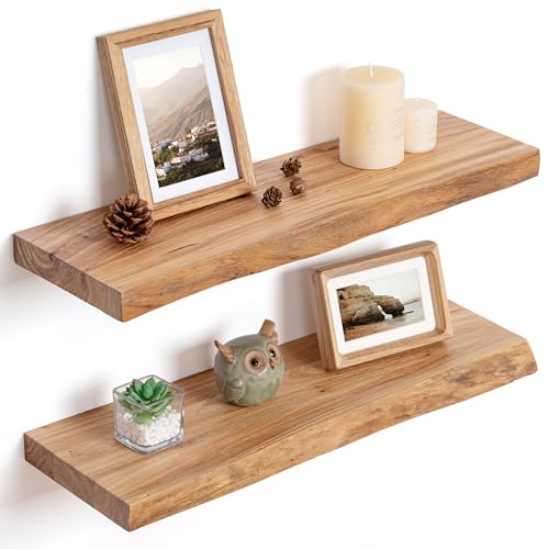 Floating Shelves for Wall, Solid Elm Wood Shelves, 24in Set of 2, Natural - color: Natural, size: Live Edge, 24inch, 2Packs