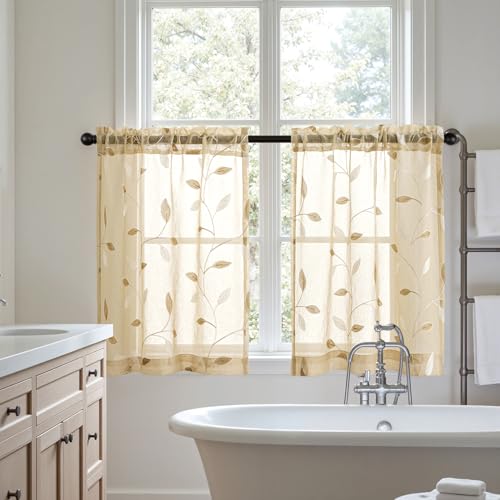 MIULEE Beige Sheer Curtains 2 Panels Leaf Patterned, W30 x L30 - color: Beige, size: 30"W x 30"L (Pack of 2)