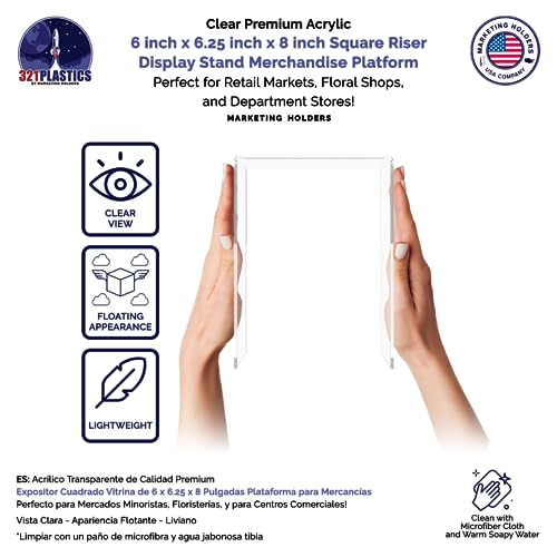 Marketing Holders 2 Pack Acrylic Riser Display Stand Tall Platform Clear 6" x 8" Tabletop Pedestal for Collectible Merchandise Figures and Figurines - size: 6"W x 8"H