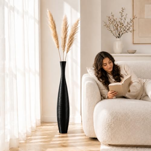 Leewadee Large Floor Vase 34" Mango Wood for Pampas Grass, Dried Flowers - color: Black, size: 34 inches