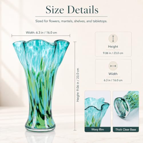 LCCCK 9.0" H Teal Green Glass Vases for Flower,Unique Hand Blown Glass Vase - color: Teal Green