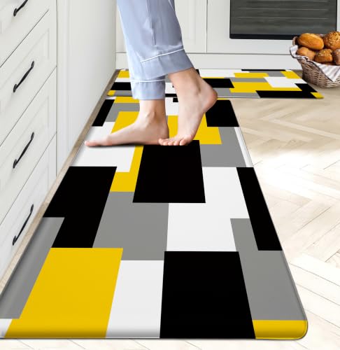 Tyrot Yellow Grey Kitchen Rug Set of 2 Cushioned Anti Fatigue Kitchen Mats for Floor Non-Slip Waterproof Kitchen Floor Mats Geometric Ergonomic Cushioned Comfort Standing Mat for Laundry, Office, Sink - color: Yellow