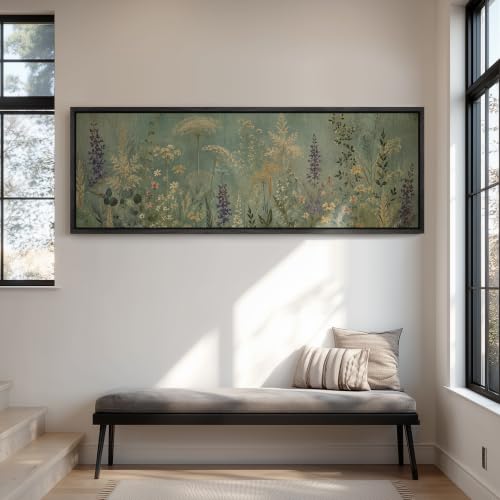 wall26 Large Framed Wall Art Canvas Print - Sage Green Vintage Wildflower Botanical - Contemporary Artwork for Living Room Bedroom Office - 60"x20" Black - color: A07-2607-ANG16, size: 60"L x 20"W, style: Black Frame