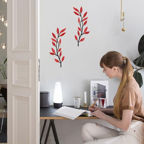 AHYS Metal Tree Leaf Wall Decor 2 PCS Rustic Vine Branch Leaf Wall Art for Living Room Bedroom Bathroom Decorations - Red - color: Red