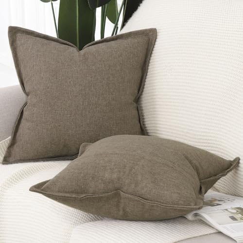 MADIZZ Pack of 2 Faux Rustic Linen Throw Pillow Covers with Flange Edge Soft Boho Natural Decorative Pillowcases for Sofa Living Room Modern Throw Pillows for Bed 18x18 Inch Brown - color: Brown, size: 18" x 18" (Pack of 2)
