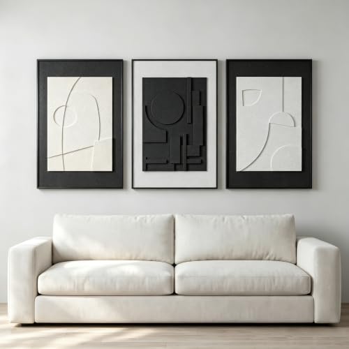 AMAATE 3Pcs 3D Sandstone Relief Art Black Frame Abstract Geometric Decor - color: Black And White, size: 20" x 30" inch