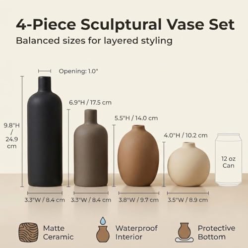 Ceramic Neutral Vase Set of 4 - Modern Decorative Flower Vases Home Decor, Rustic Farmhouse Table Decor for Living Room, Shelves, Entryway, Mantel, Boho Pottery Vases for Bouquets, Pampas, and Gifts - color: Neutral Mix