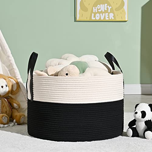KAKAMAY Large Blanket Basket (20"x13"),Woven Baskets for storage Baby Laundry Hamper, Cotton Rope Blanket Basket for Living Room, Laundry, Nursery, Pillows, Baby Toy chest (White/Black) - color: White and Black