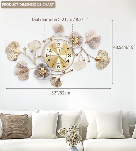 33" Modern Farmhouse Large Decorative Wall Clock, Ginkgo Metal Art - color: Retro Coffee Color, size: 32 x 18 inches