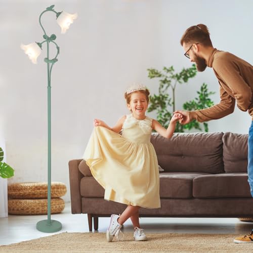 HMVPL Flower Floor Lamp for Living Room, Vintage Floor Lamp with 2 LED 5W Blubs, Foot Switch, Green Standing Lamp with Acrylic Shade, Unique Floral Tall Lamp for Living Room Bedroom Corner Office - color: Green