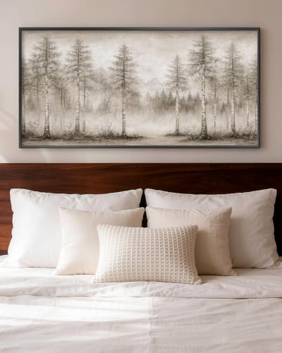HUARCEY Metal Framed Textured Sandstone Wall Art 20"x40", Neutral Abstract Foggy Forest Landscape Canvas Print Large Modern Nature Birch Tree Painting Artwork for Living Room Bedroom Office - color: Sketched tree