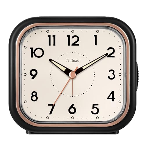 Tinload 4.3" Vintage Retro Analog Alarm Clock, Super Silent Non Ticking Clock with Manual Light, Snooze, Battery Operated, Simply Design, for Living Room, Bedroom, Bedside, Desk(Black) - style: Black-RoseGold