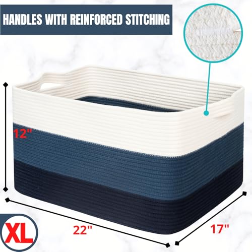 MINTWOOD Design 22in Extra Large Blanket Basket Holder Living Room, Rectangle Rope Woven Storage Basket with Handles for Laundry, Pool Towels, and Shoes, Dog Toy Organizer Bin Box, 3-Tone Blue - color: 3-Tone Blue