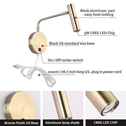 Joossnwell Wall Lamps that Plug in, Bronze Metal Industrial Wall Spotlight with Switch on Off for Home Bedside Lighting Fixtures Warm White 3000K 1 Pack - color: Bronze-Plug