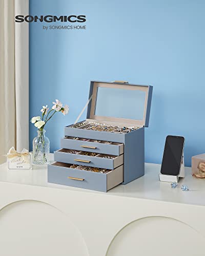 SONGMICS Jewelry Box Organizer, 4-Layer Storage with 3 Drawers, Glass Lid - color: Smoky Blue + Gold, size: 4 Layer (6"d X 9.9"w)
