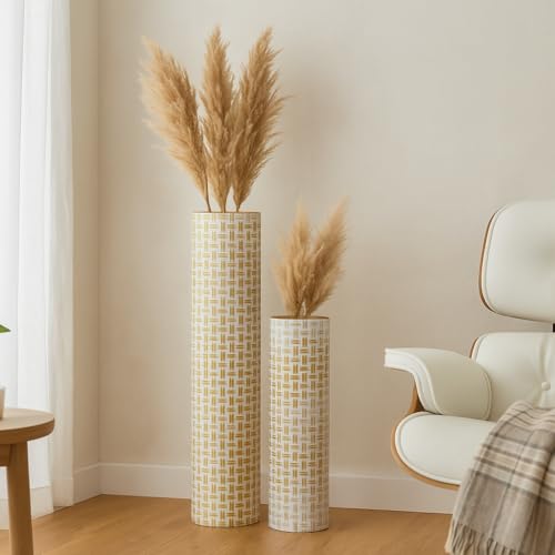 Leewadee Set of 2 Large Floor Vases Metal for Pampas Grass - color: White, Gold