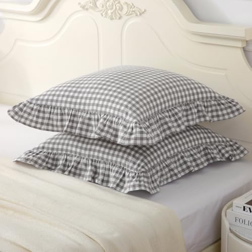 Silnuo 2 Pack Grey/White Plaid Ruffle Throw Pillow Covers Farmhouse Checkered Pillowcases Washed Cotton Gingham Pillow Shams for Bed, Sofa, Living Room-20"x20" - color: Grey/White Plaid, size: 20" x 20" - Set of 2