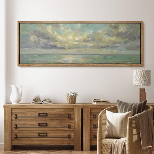 MUDECOR Large Framed Canvas Print Wall Art Serene Ocean Sunrise Horizon Soft Coastal Seascape Landscape Antique Retro Fine Art Illustrations Decorative Colorful for Bedroom - 60"x20" - color: A06-2603-m01, size: 60"L x 20"W