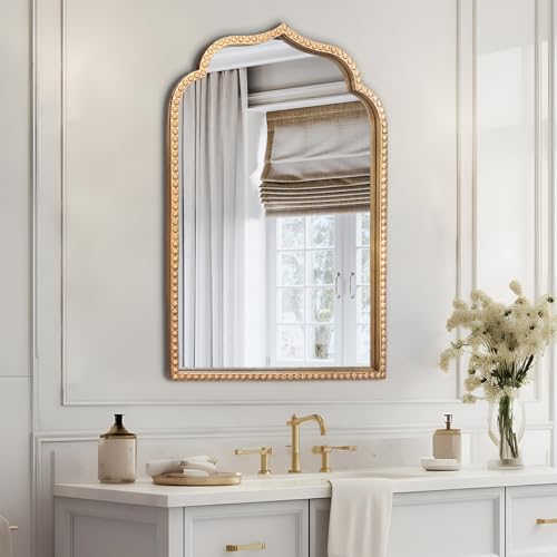 Gold Arch Mirror, 24"x36" Arched Vanity Mirrors for Bathroom, Metal Beaded Frame Ornate Decorative Mirror, Scalloped Vintage Mirrors for Fireplace Bedroom Living Room Hallway Entryway
