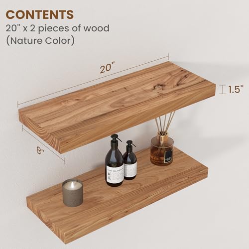 Floating Shelves for Wall Decor, 8" Deep Rustic Solid Elm Wood Floating Shelves Wall Mounted, Wall Shelves with Invisible Bracket for Living Room Bathroom Bedroom Kitchen, 20 Inch Set of 2, Natural - color: Natural, size: Flat Edge, 20inch, 2Packs