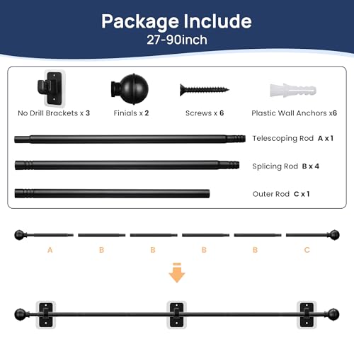 ENJOYBASICS Curtain Rods No Drilling for Renter, 28-84" Adjustable, Black - color: Black, size: 27-90"