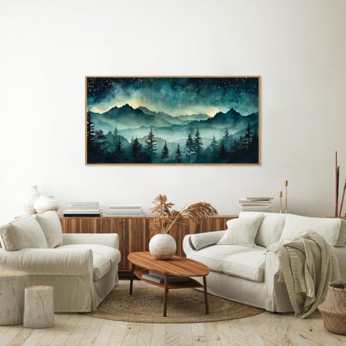 Tinonedraw Misty Mountain Framed Canvas Wall Art, Nature Forest Green Pine Tree Wall Decor, Starry Night Art Paintings, Horizontal Modern Dark Night Woodland Art Prints for Bedroom Living Room 20"x40" - color: Dark Night woodland, size: 40"L x 20"W