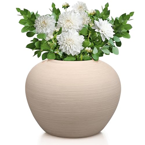 Ceramic Flower Vase Round Textured Vase,Farmhouse Vase(6" Tall, 7.7" Width) - size: 6 Inch-round-cream
