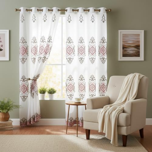 J&V TEXTILES Embroidered Curtain Set, 2 Panel Drapes with Backing & Valance, Medallion Pattern (Pink) - color: Pink