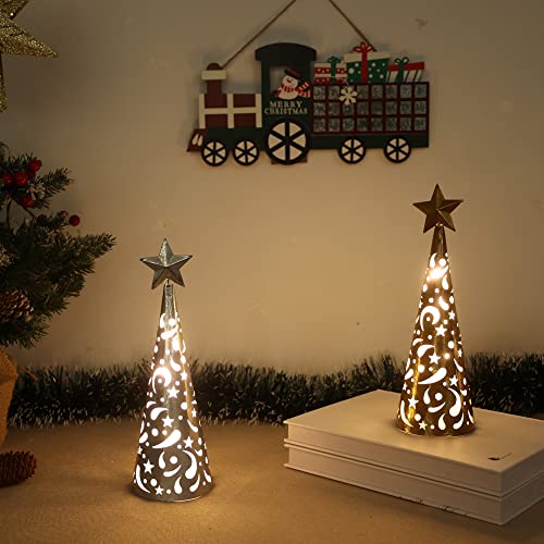 YEAHOME Christmas Decorations Indoor, 2 Pack Lighted Christmas Table Decor with Star and LED Lights Battery Operated Home Decor, Xmas Holiday Wedding Party Tabletop Desk Ornament (Gold, Silver)