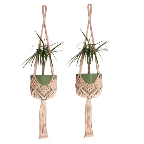 2 Pack Macrame Hanging Planters, Caramel - color: Caramel