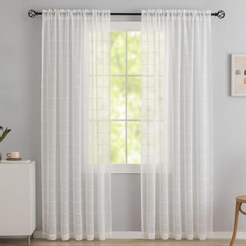 YJ YANJUN White Striped Sheer Curtains 108 Inch Long, Boho Window Panels - color: White, size: 52"W x 108"L (Pack of 2)
