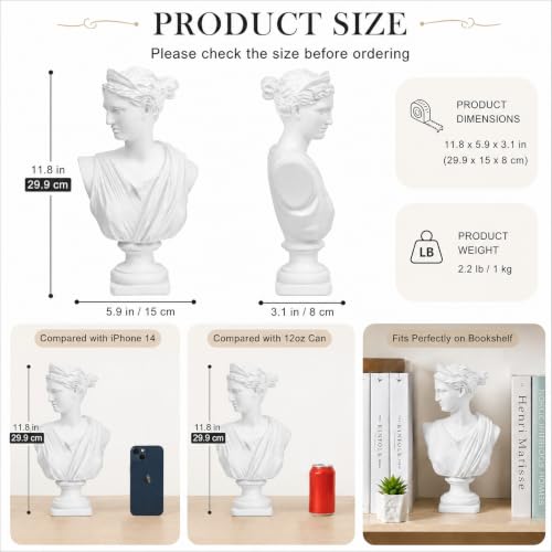Norrclp 12.5in Greek Statue of Diana, Classic Roman Head Bust - color: Anna-12.5in